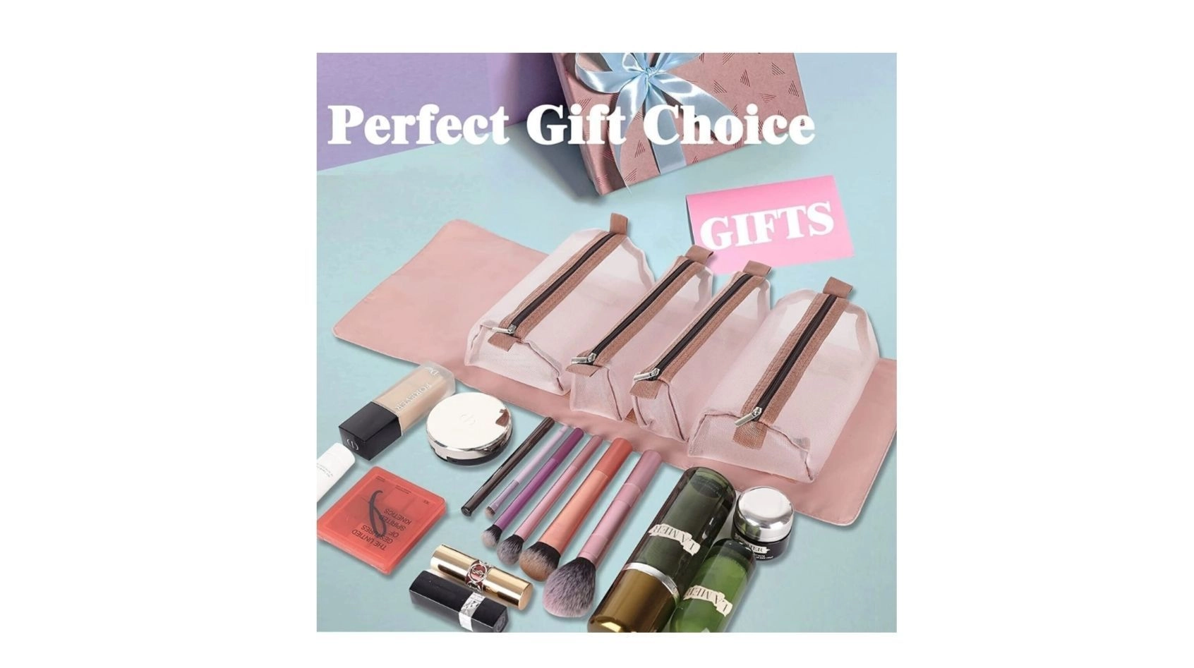 Foldable Makeup Pouch Bag with Clear Compartments, Multi-Section Makeup Storage Case, Cosmetic Bag, Pink Color 3