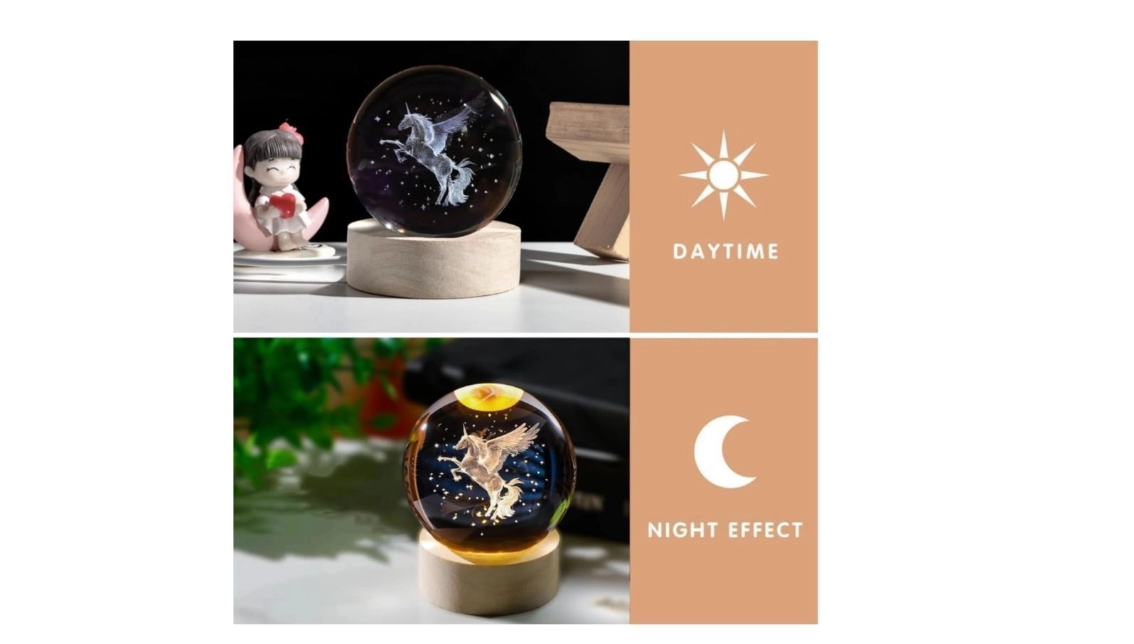 Ridit Galaxy 3D Crystal Ball Night Light with Wooden Base - LED USB Table Lamp for Kids, Teens, and Home Decor (Unicorn) 2
