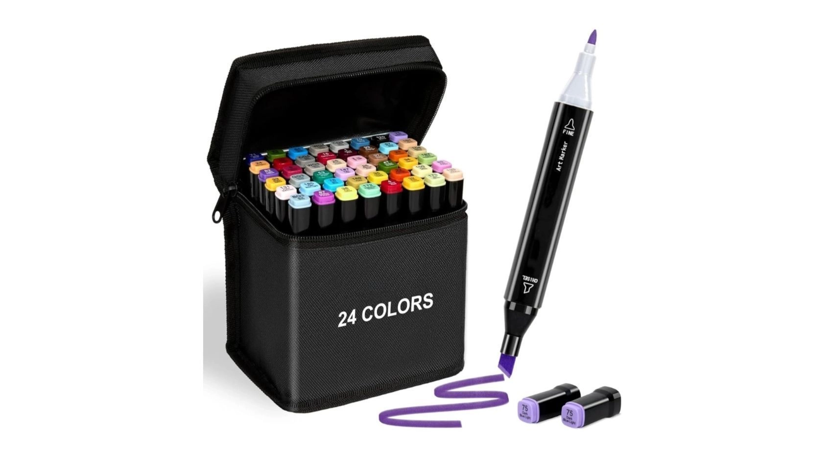 Dual-Tip Marker Pen Set for Drawing & Sketching | Alcohol-Based Art Markers with Broad & Fine Tip | Highlighter Marker Pens for Kids, Students & Artists | Pack Zipper Carry Case (24) 1