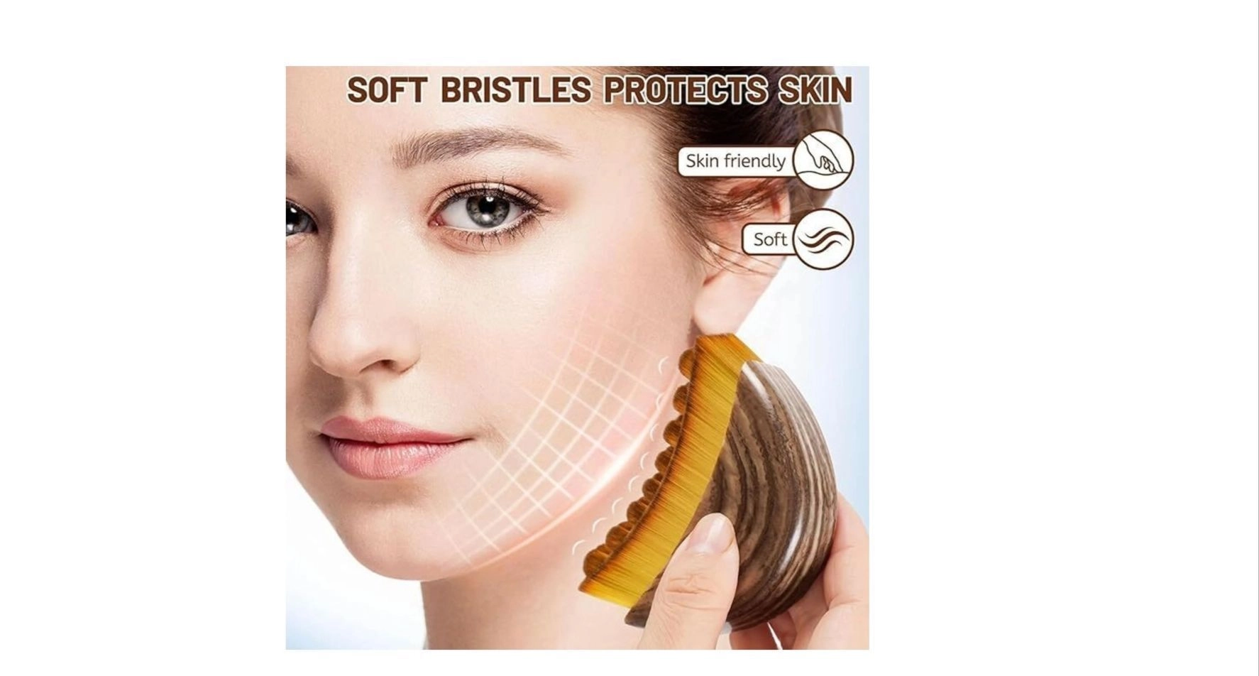 Lymphatic Contour Face Brush Wooden Curved Handle for Facial Massage Jawline Cheeks Neck Care Soft Bristles Natural Wood Manual Massage Tool Single Pack Brown Medium Size 5