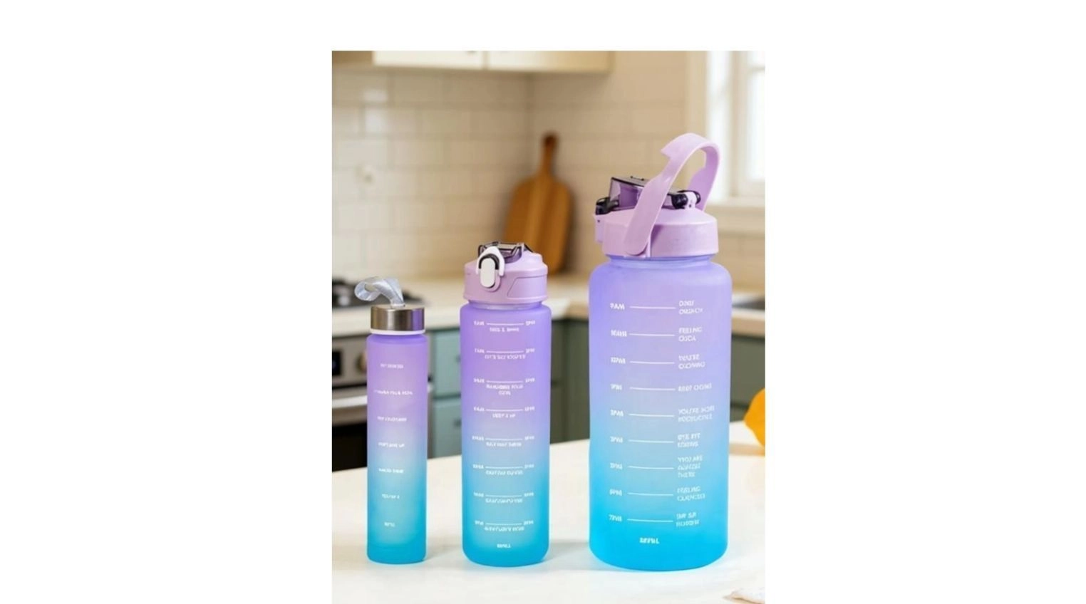 Set of 3 Motivational Water Bottles with Time Marker (2L, 900ml, 350ml) | Leakproof BPA-Free Sipper Bottles with Straw | Stylish Plastic Bottle Combo for Gym, Office, School – Multicolor 1