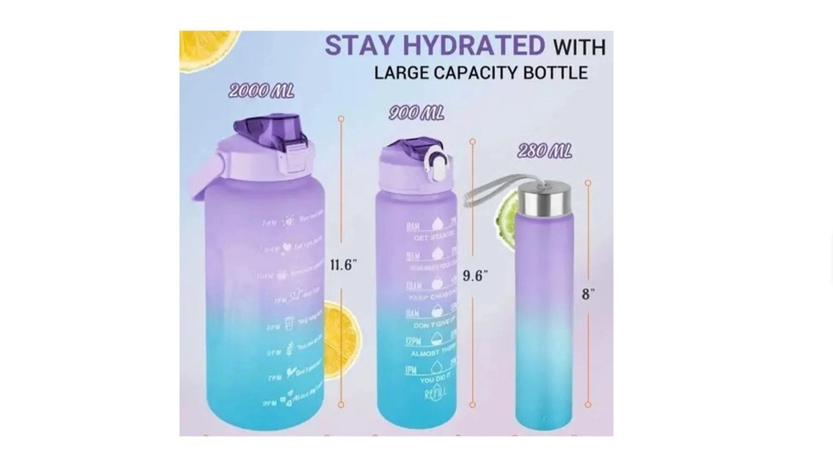 Set of 3 Motivational Water Bottles with Time Marker (2L, 900ml, 350ml) | Leakproof BPA-Free Sipper Bottles with Straw | Stylish Plastic Bottle Combo for Gym, Office, School – Multicolor 3