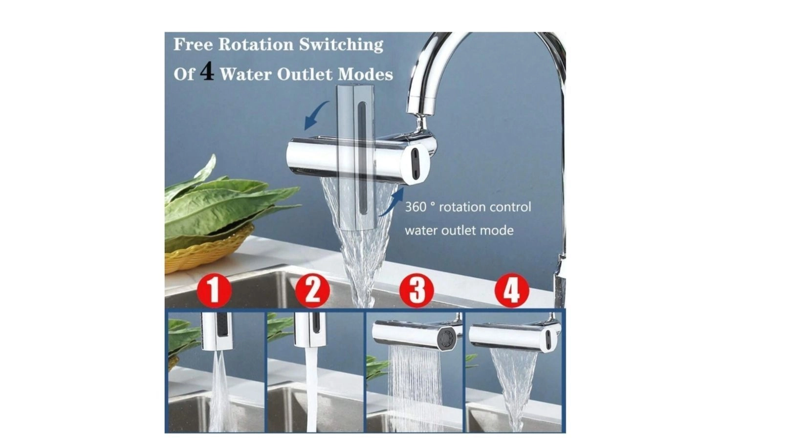 4 in 1 Waterfall Kitchen Faucet - 360°Swivel, Splash-Proof Head, High Arc Sink Faucet for Washing Fruit, Vegetable 3