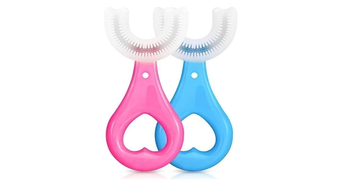 U-Shaped,Hand Powered For Kids 2-6 Years Kids Baby Infant Manual Toothbrush, Food Grade Ultra Soft Silicone Brush Head, Whole Mouth Cleaning Tool (U-Shaped Brush) (Pink, Pack of 1) 1