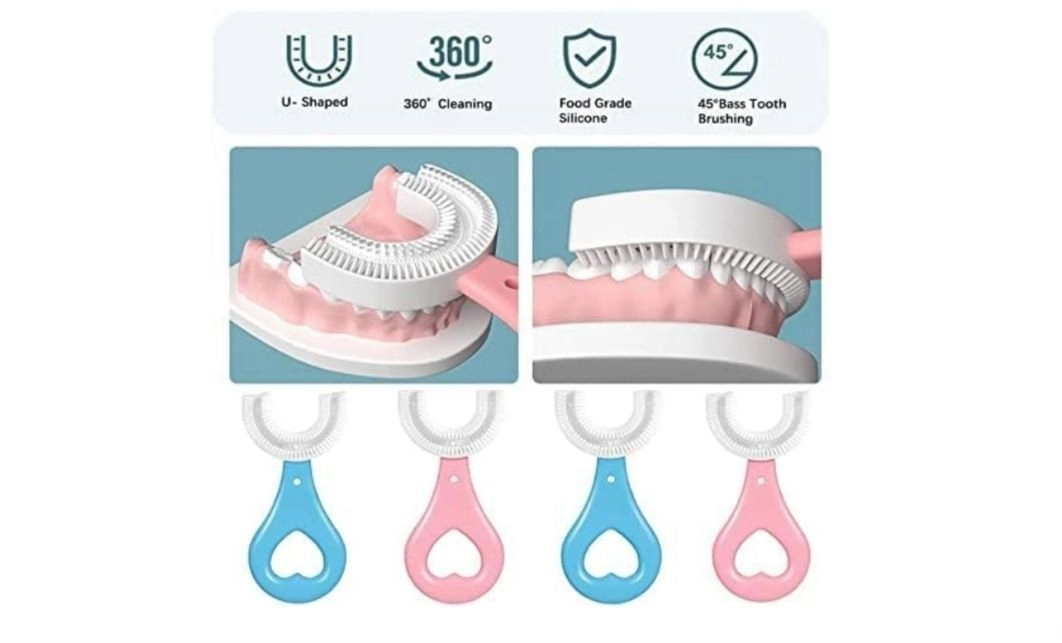 U-Shaped,Hand Powered For Kids 2-6 Years Kids Baby Infant Manual Toothbrush, Food Grade Ultra Soft Silicone Brush Head, Whole Mouth Cleaning Tool (U-Shaped Brush) (Pink, Pack of 1) 2