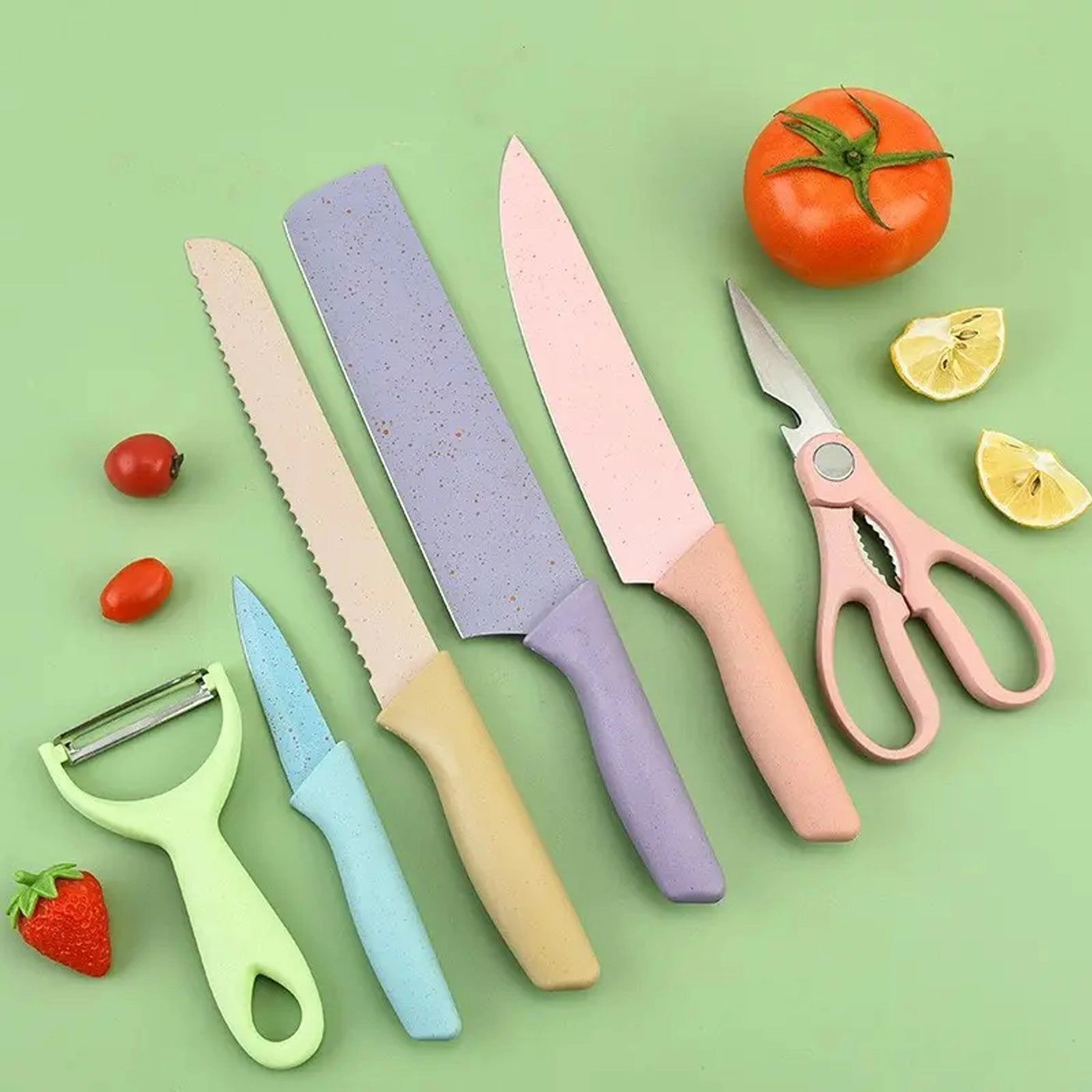 6-Piece Premium Kitchen Knife Set with Colorful Non-Stick Blades High Carbon Stainless Steel Cleaver, Chef, Bread, Fruit Knife, Peeler & Scissors Ultra Sharp & Rust Resistant
