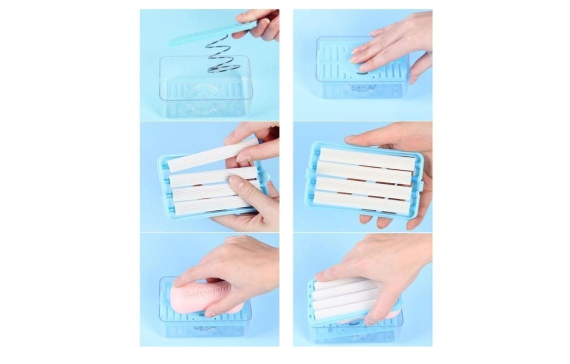 Plastic 2-in-1 Portable Laundry Rolling Soap Box Soap Bar Box Dispenser with Rubber Roller Foaming Soap Saver with Drain Holes and Spring Travel Soap Holder, Multicolor pack of 2 pcs 5