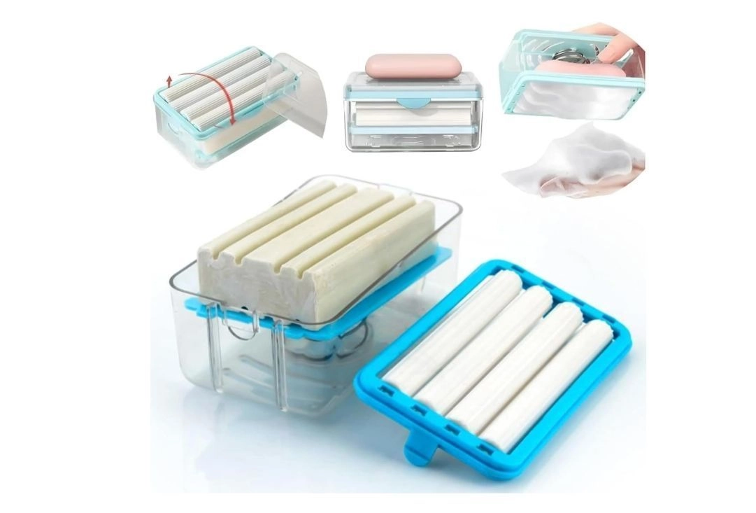 Plastic 2-in-1 Portable Laundry Rolling Soap Box Soap Bar Box Dispenser with Rubber Roller Foaming Soap Saver with Drain Holes and Spring Travel Soap Holder, Multicolor pack of 2 pcs 6