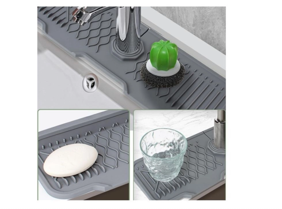 Silicone Faucet Mat for Draining, Kitchen Faucet Sink Splash Guard, Foldable Tap Drip Draining Holder, Faucet Handle Drip Catcher Tray for Kitchen and Bathroom Countertop Protect (43 cm, Black) pack of 3 1