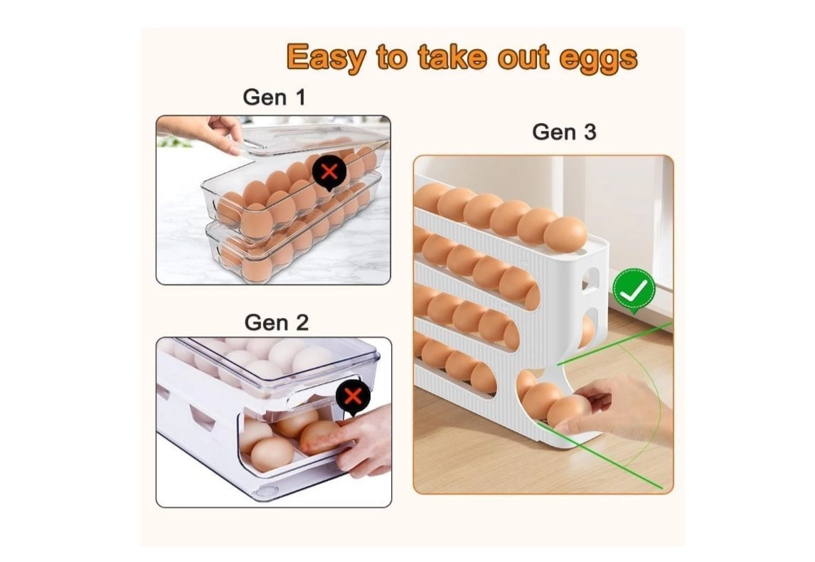 Plastic Automatic Rolldown Refrigerator Egg Holder, 4 Tier, Gravity Feed Design, Holds up to 30 Eggs, Space Saving Stackable Organiser (Pack of 1) 4
