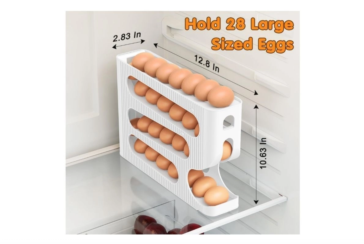 Plastic Automatic Rolldown Refrigerator Egg Holder, 4 Tier, Gravity Feed Design, Holds up to 30 Eggs, Space Saving Stackable Organiser (Pack of 1) 5