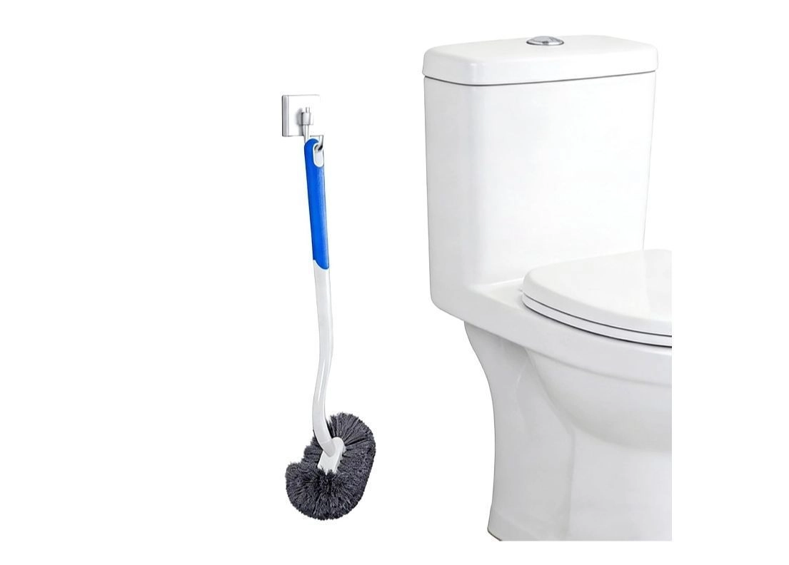 Modern Curved Toilet Brush with Wall Mount, White Handle with Gray Bristles, Long-Handled Design for Deep Cleaning, No-Stain Bathroom Cleaning Cleaning Brush，Soft Fur Toilet Brush，Plastic Material 1