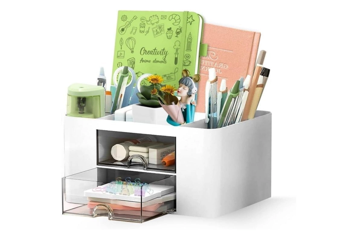 Desk Organizer with Drawers | Multi-Compartment Pen Stand & Stationery Holder | Plastic Table Organizer for Office, Study & Makeup Storage (White)