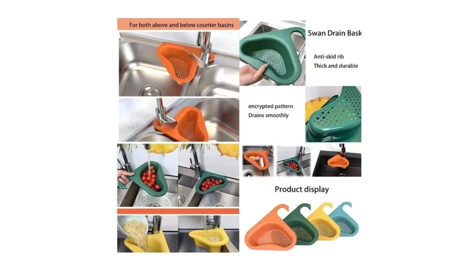 Kitchen Sink Drain Basket Swan Drain Rack,  Swan Drain Basket for Kitchen Sink, Multifunctional Kitchen Triangle Sink Filter, Triangle Sink Drain Rack Corner Kitchen Sink Strainer Basket (Blue)