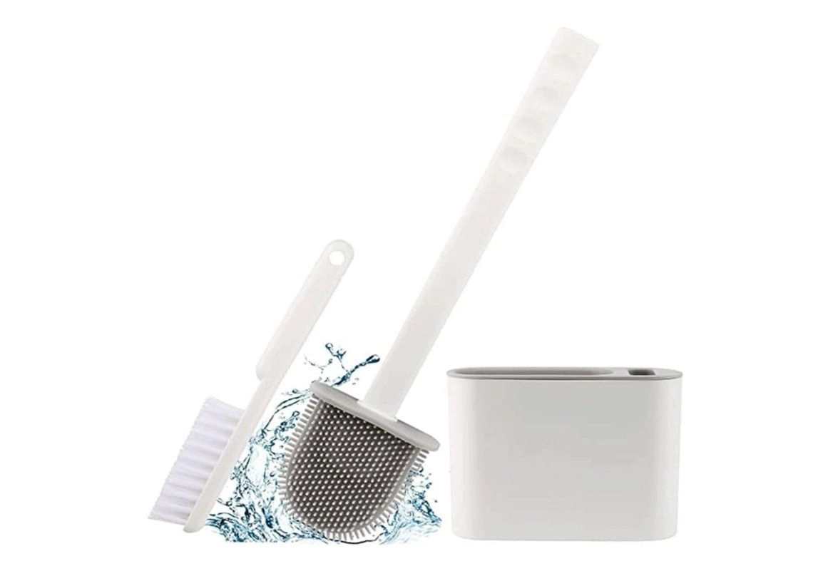 2-in-1 Toilet Brush Set with Holder, Wall Mounted Silicone Toilet Cleaning Brush with Hanging Stand, Soft Flexible Bristles for Deep Cleaning, Quick Dry Hygienic Bathroom Cleaner, Space Saving Design 4