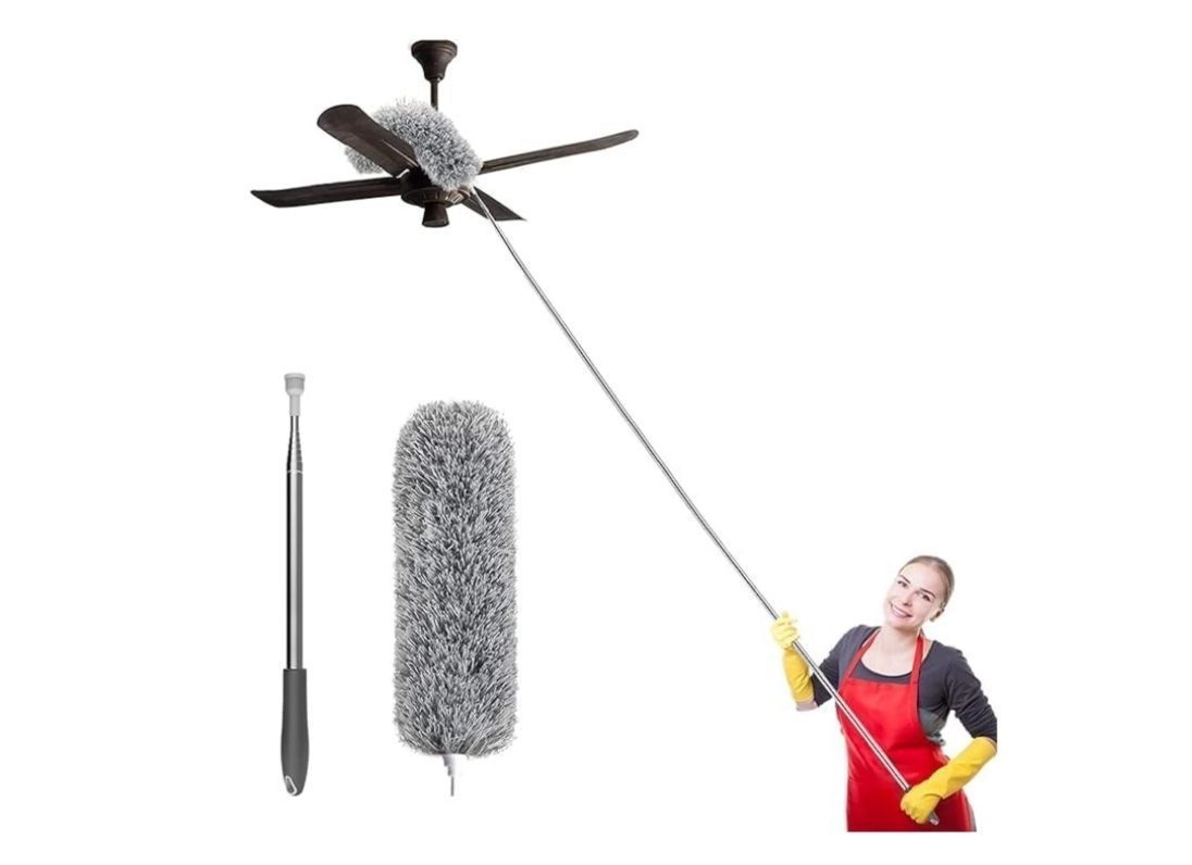 Microfiber Feather Duster Bendable & Extendable Fan Cleaning Mop with Long Rod100 inches Expandable Pole Handle Washable Duster for High Ceiling Fans,Window Blinds, Furniture 1