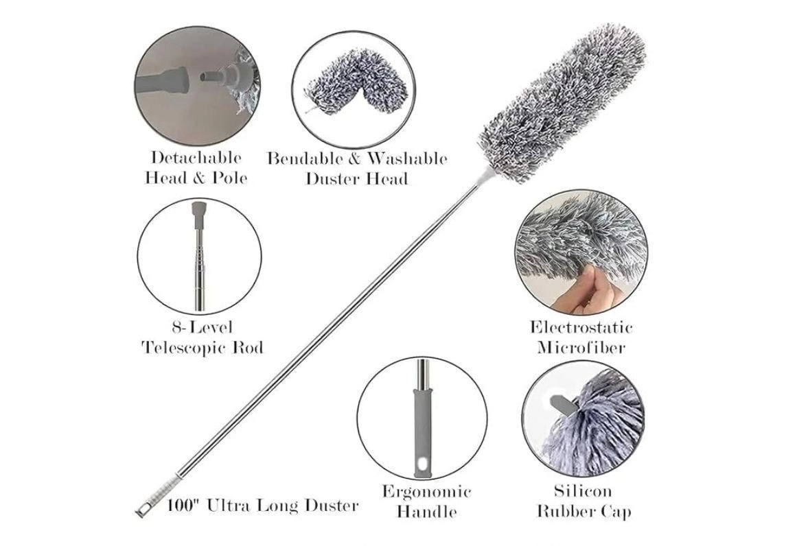 Microfiber Feather Duster Bendable & Extendable Fan Cleaning Mop with Long Rod100 inches Expandable Pole Handle Washable Duster for High Ceiling Fans,Window Blinds, Furniture 2