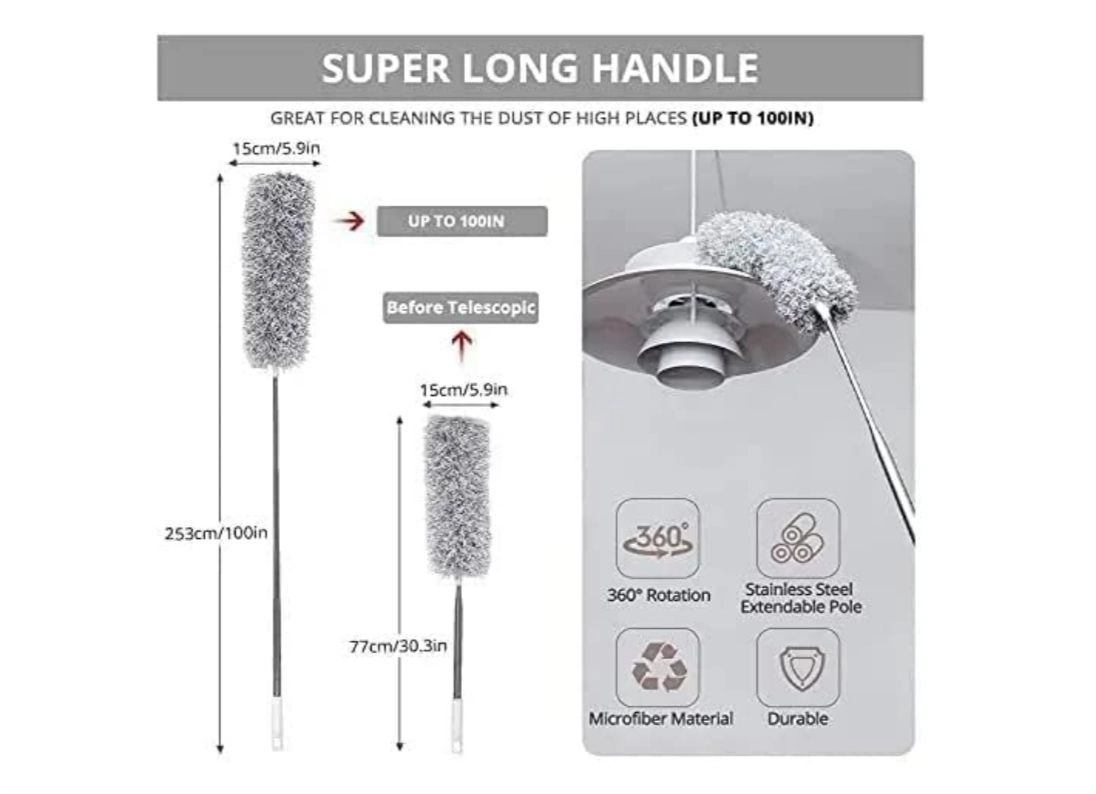 Microfiber Feather Duster Bendable & Extendable Fan Cleaning Mop with Long Rod100 inches Expandable Pole Handle Washable Duster for High Ceiling Fans,Window Blinds, Furniture 3