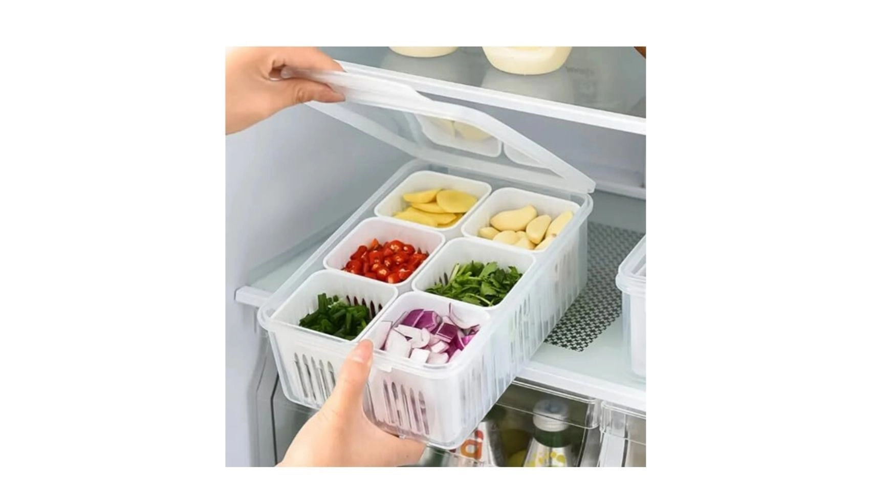 hago Refrigerator Organizer Container with 6 Grid Compartments | 1200 ML Fridge Storage Box for Vegetables & Fruits | BPA-Free Kitchen Storage Container for Fridge Organisation 1
