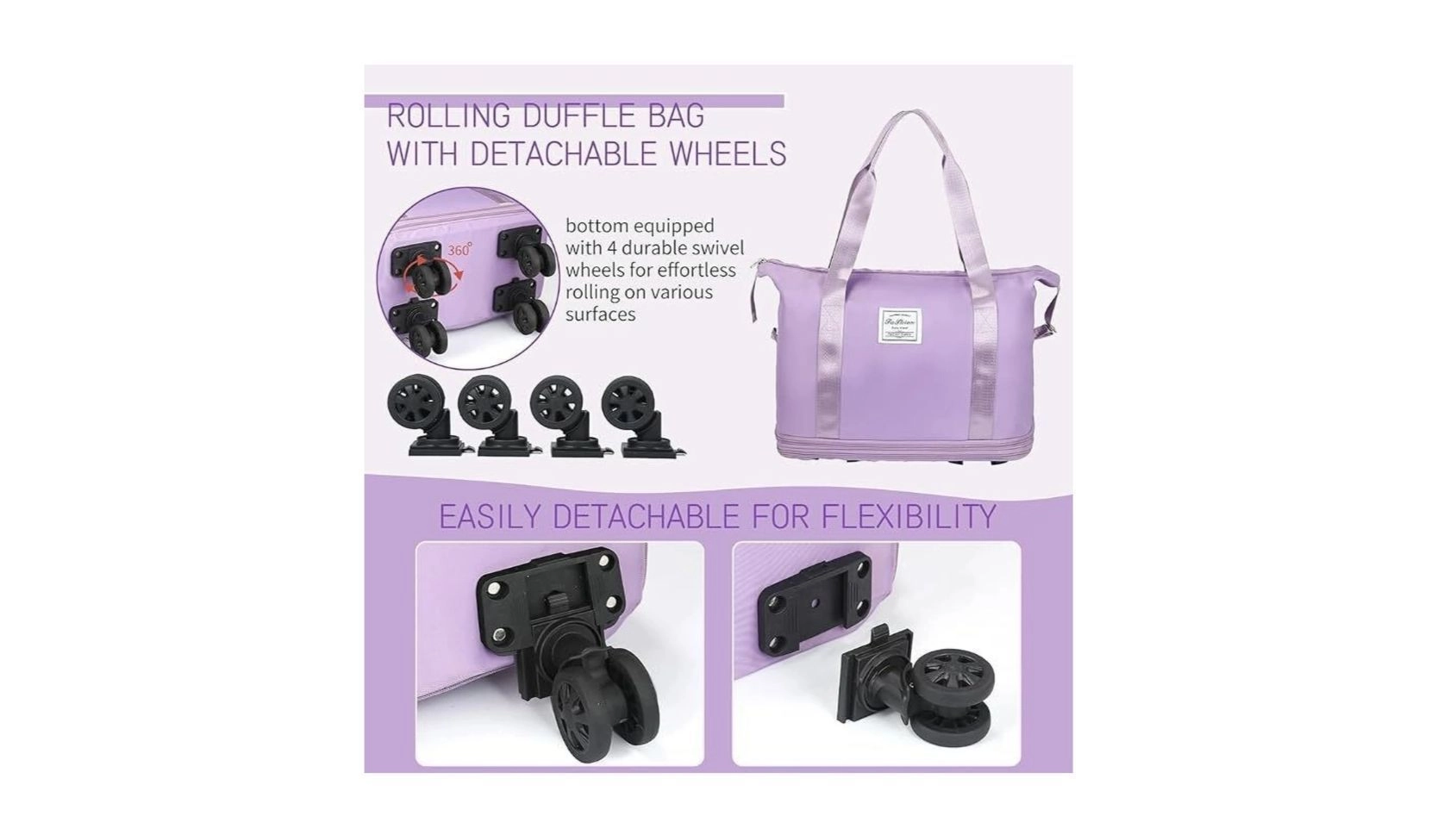 Duffel Trolley Bags for Travel,Luggage Bags for Travel,Rolling Duffle Bag with Wheels,Travel Bags for Luggage Trolley,Expandable Foldable Duffle Bag with Wheels - Purple: 3