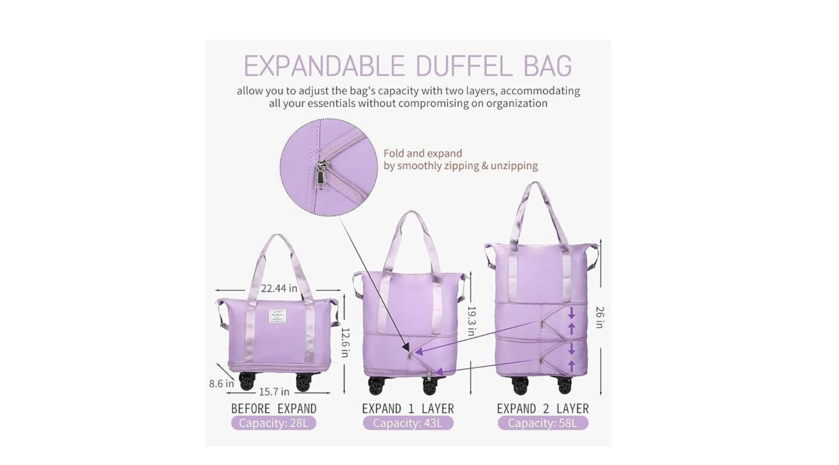 Duffel Trolley Bags for Travel,Luggage Bags for Travel,Rolling Duffle Bag with Wheels,Travel Bags for Luggage Trolley,Expandable Foldable Duffle Bag with Wheels - Purple: 5