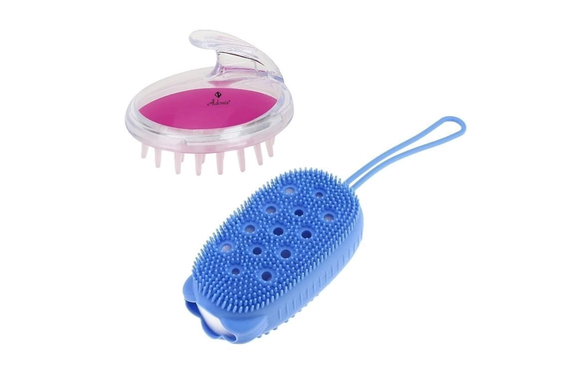 COMBO of Hair Scalp Massager Scrub Shampoo Brush & Silicon Bubble bath Brush with sponge (Random Colors) 2
