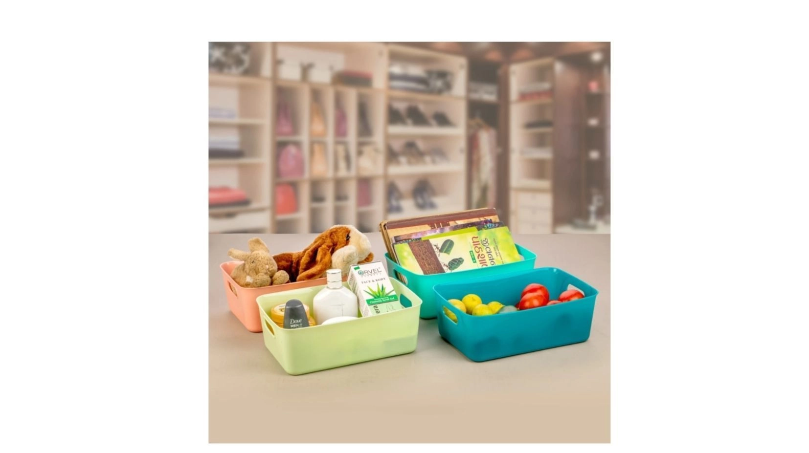 Plastic Storage Basket Multipurpose Colorful for Kitchen & Home Organiser Box for Wardrobe, Fruits Vegetables, Toys, Stationary items (26 x 16.5 x 9 cm) (Pack of 3 Piece Set)