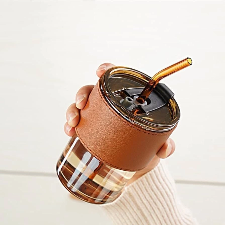 Glass Tumbler Mug with Straw and Lid 400ml