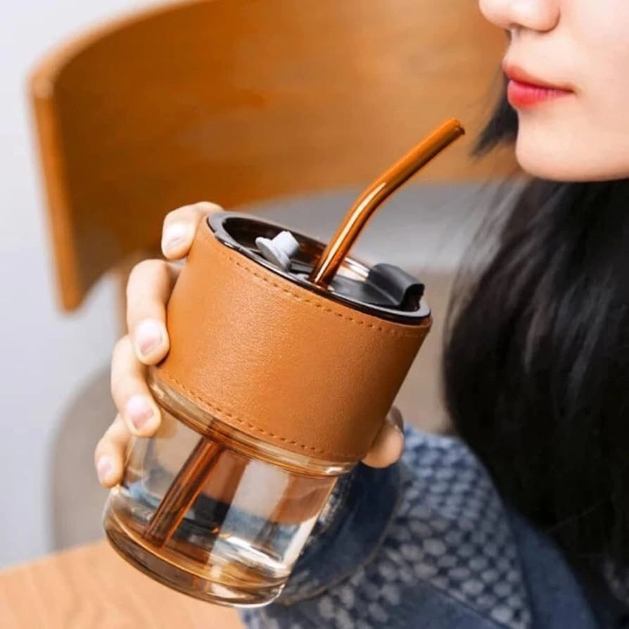 Glass Tumbler Mug with Straw and Lid 400ml 3