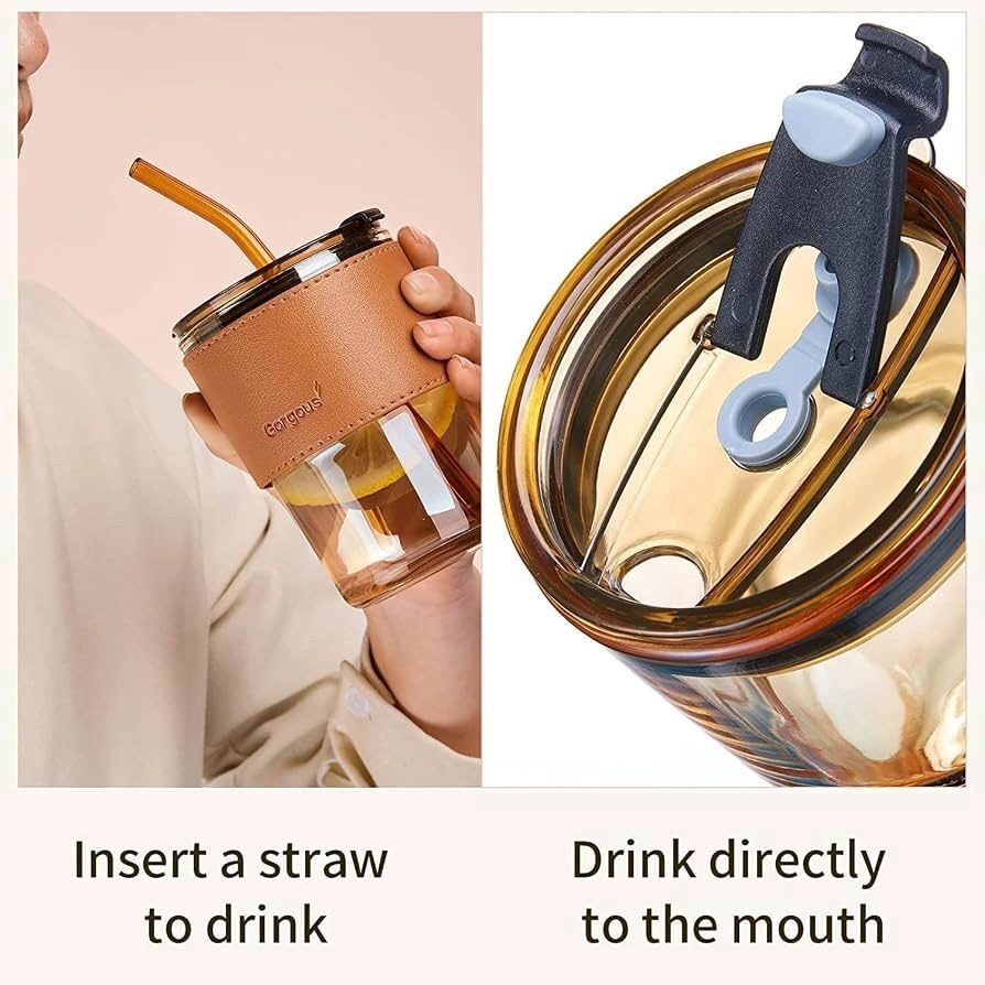 Glass Tumbler Mug with Straw and Lid 400ml 5
