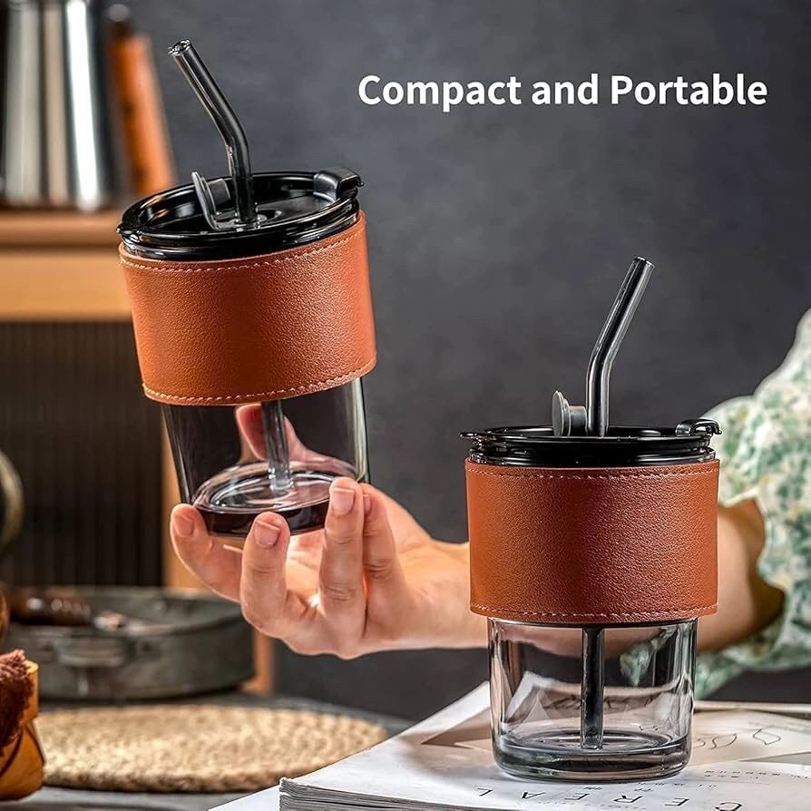 Glass Tumbler Mug with Straw and Lid 400ml 6