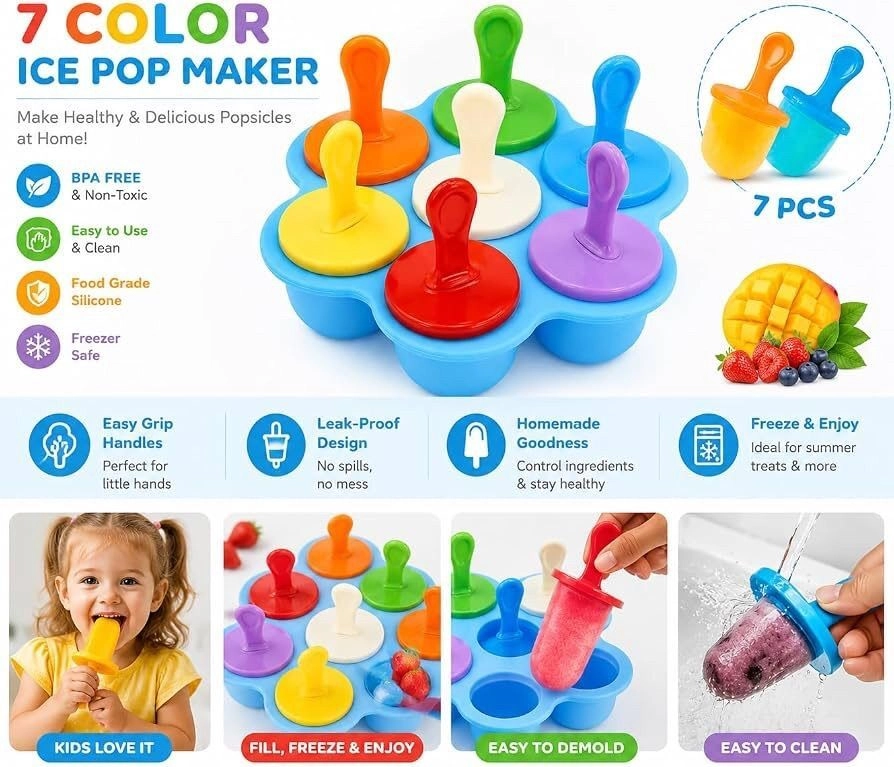 7 Cavity Plastic Popsicle Mold Set with Reusable Sticks 5