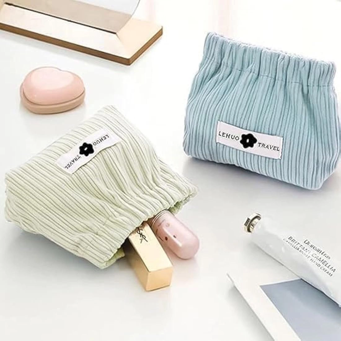 CLEANGELMini Elastic Storage Bag Handbags for Women Mini Makeup Bag Corduroy Storage Bag Envelope Cosmetics Storage Self Closing Makeup Pouch, Pocket Cosmetic Bag