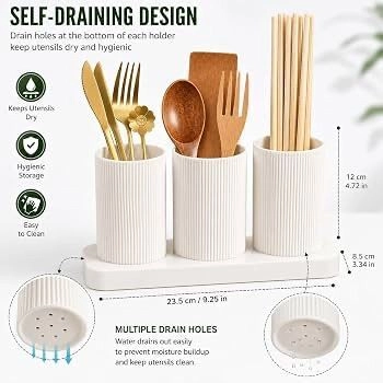 Cutlery Holder for Kitchen Counter | Self Draining Spoon, Fork & Chopstick Organizer Stand with 3 Compartments | Plastic Utensil Holder for Dining Table (White) 3