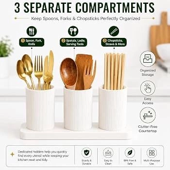 Cutlery Holder for Kitchen Counter | Self Draining Spoon, Fork & Chopstick Organizer Stand with 3 Compartments | Plastic Utensil Holder for Dining Table (White) 4