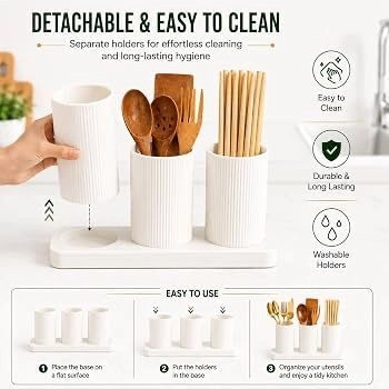Cutlery Holder for Kitchen Counter | Self Draining Spoon, Fork & Chopstick Organizer Stand with 3 Compartments | Plastic Utensil Holder for Dining Table (White) 5