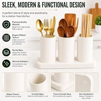 Cutlery Holder for Kitchen Counter | Self Draining Spoon, Fork & Chopstick Organizer Stand with 3 Compartments | Plastic Utensil Holder for Dining Table (White) 6