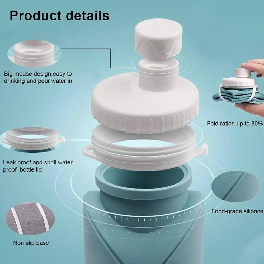 Reusable Foldable Silicone Water Bottle with Leakproof Lid BPA Free Lightweight Collapsible Drinking Bottle for Gym Office School Travel Hiking Camping Cycling Outdoor Activities Multicolor - 1 3