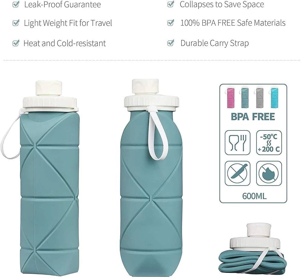 Reusable Foldable Silicone Water Bottle with Leakproof Lid BPA Free Lightweight Collapsible Drinking Bottle for Gym Office School Travel Hiking Camping Cycling Outdoor Activities Multicolor - 1 4