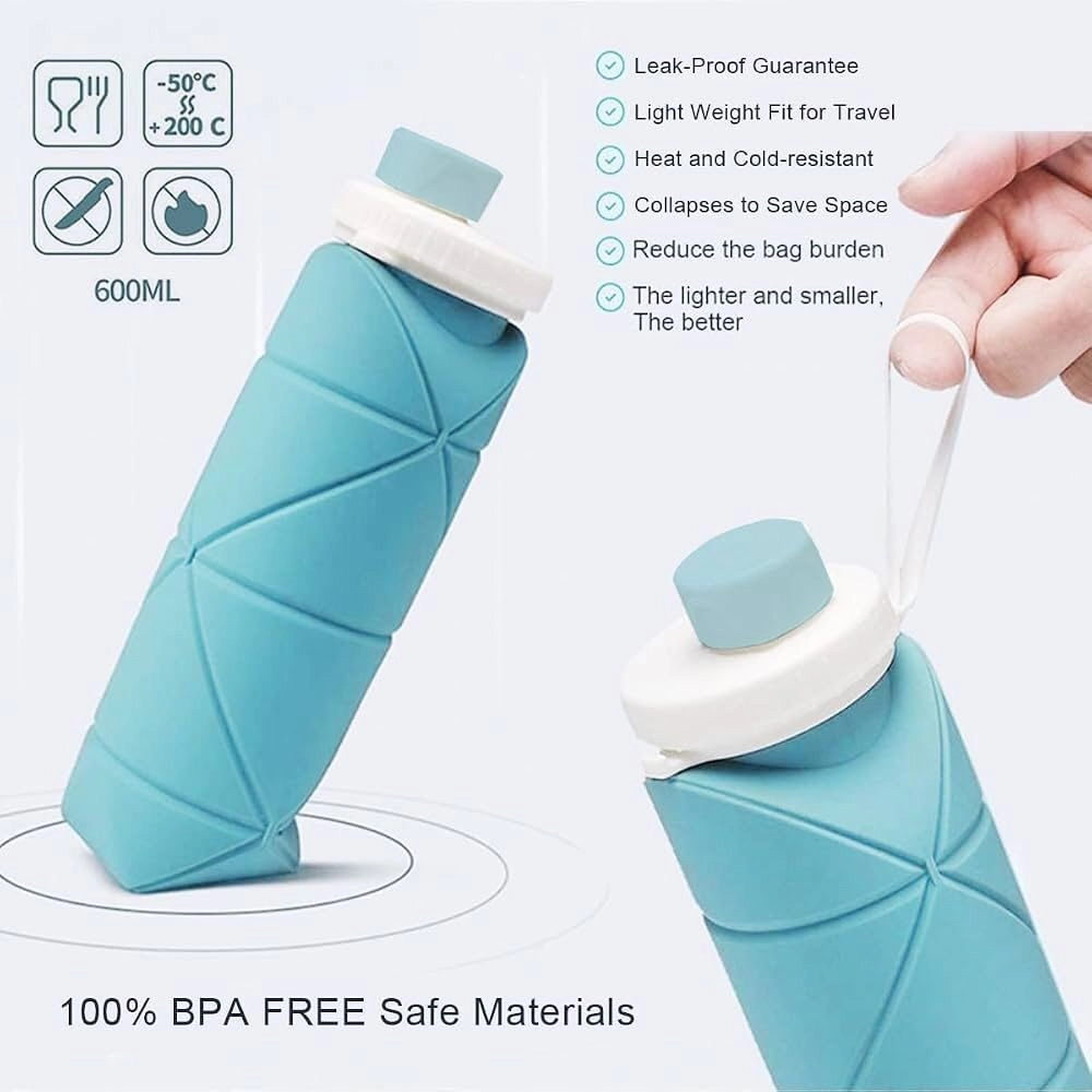 Reusable Foldable Silicone Water Bottle with Leakproof Lid BPA Free Lightweight Collapsible Drinking Bottle for Gym Office School Travel Hiking Camping Cycling Outdoor Activities Multicolor - 1 5
