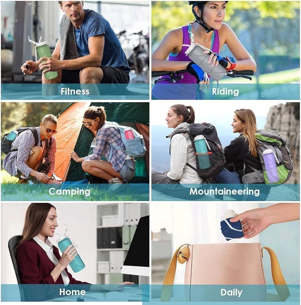 Reusable Foldable Silicone Water Bottle with Leakproof Lid BPA Free Lightweight Collapsible Drinking Bottle for Gym Office School Travel Hiking Camping Cycling Outdoor Activities Multicolor - 1 9