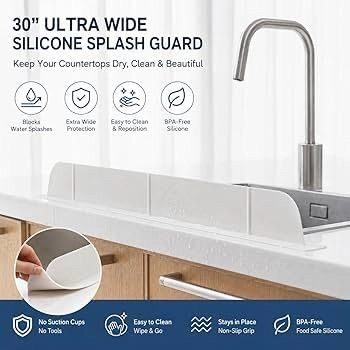 (30cm) Premium Kitchen Sink Silicone Water Splash Guard Size Upgrade 30" and new Package - NO Suction Cups, Ultra Wide 30" 4