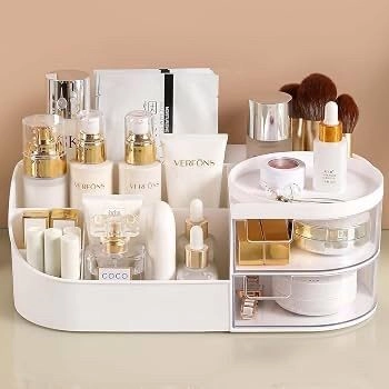 MakeUp Organizer Stand Desk Storage Dressing Table Organiser Cosmetic Organizer Box Skin Care Table Bathroom Organiser Storage Box Vanity with Transparent Drawer(