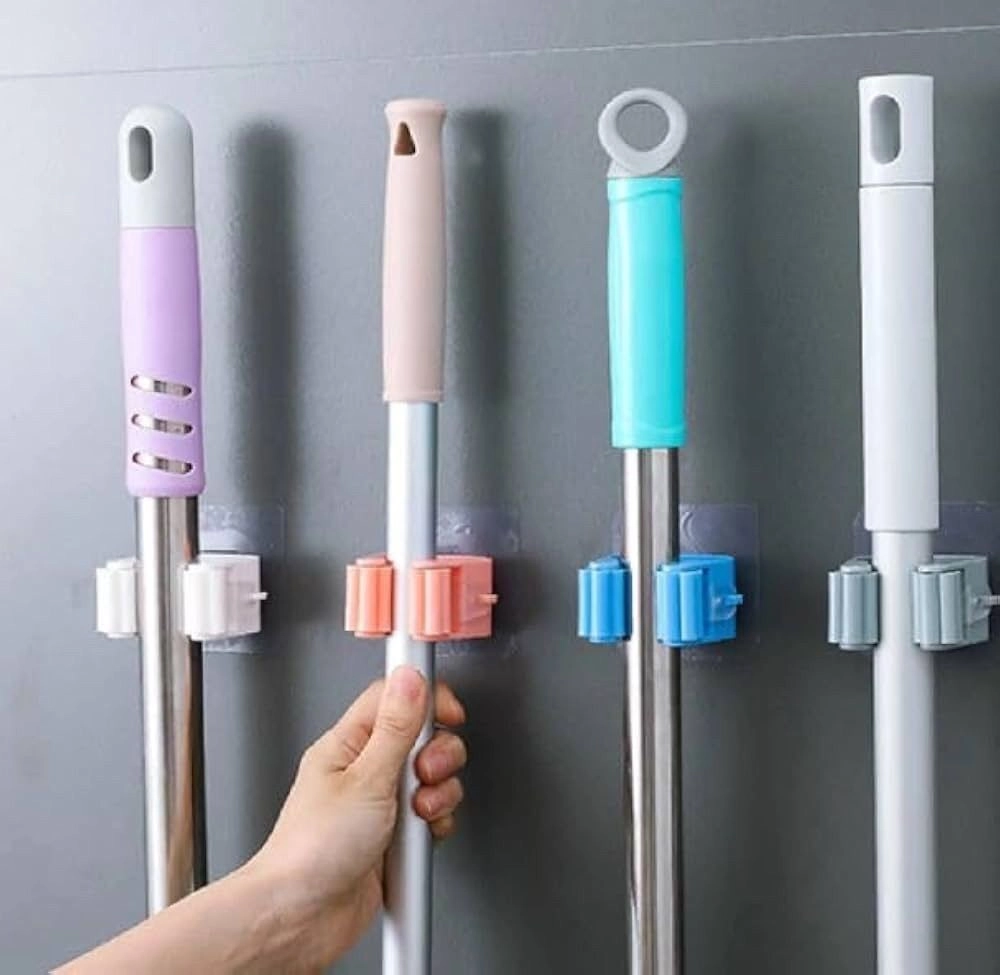 S cart Mop Holder Self Adhesive Hooks, Wall Mount Plastic Waterproof Broom Holder For Bathroom & Kitchen, Multipurpose Multicolour