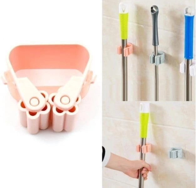 S cart Mop Holder Self Adhesive Hooks, Wall Mount Plastic Waterproof Broom Holder For Bathroom & Kitchen, Multipurpose Multicolour 3