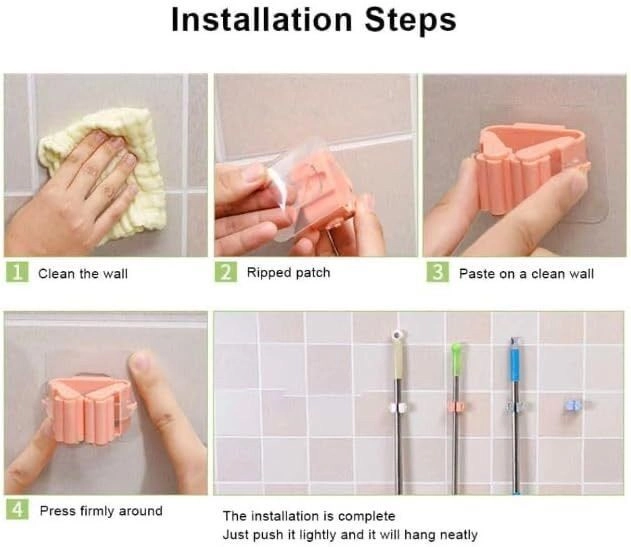 S cart Mop Holder Self Adhesive Hooks, Wall Mount Plastic Waterproof Broom Holder For Bathroom & Kitchen, Multipurpose Multicolour 5