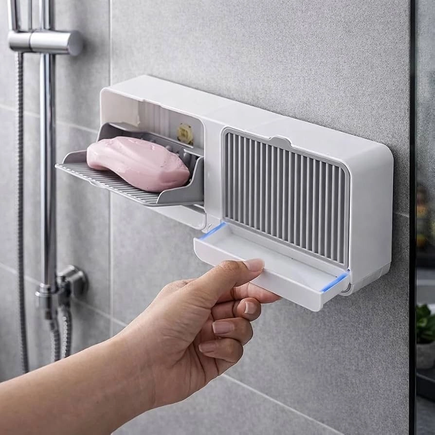 Wall Mounted Self Draining Soap Box | Plastic Soap Holder with Slide-Out Water Drainer Tray | No Drilling Self Adhesive Soap Rack for Shower, Sink & Wash Basin; Multi Colour