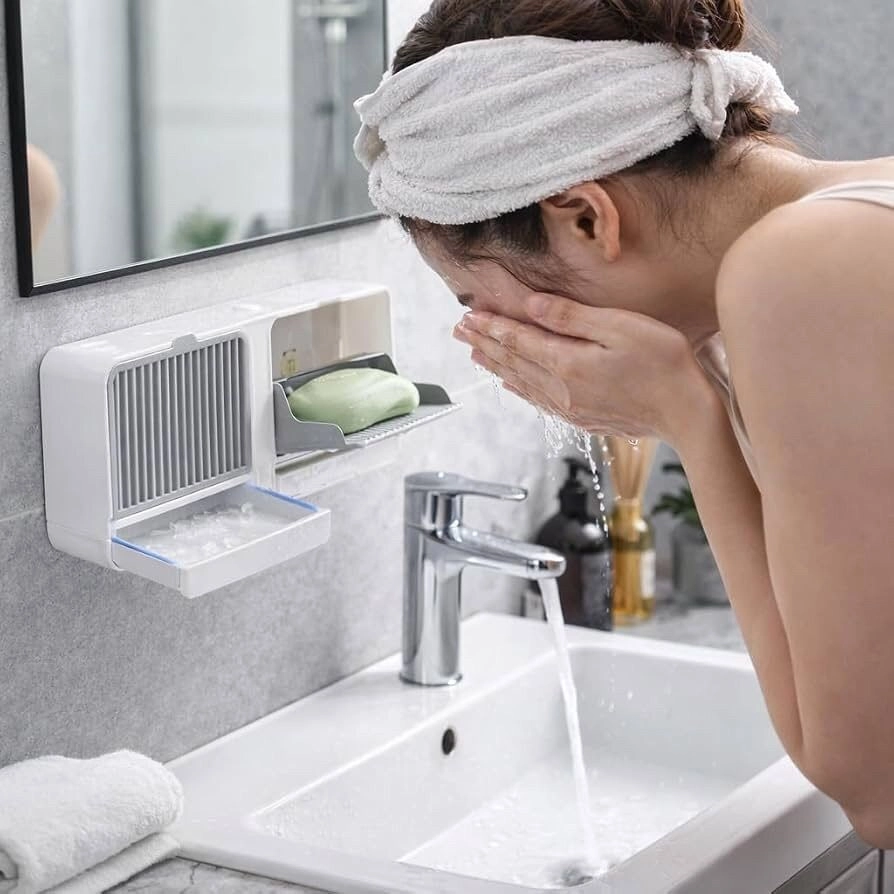 Wall Mounted Self Draining Soap Box | Plastic Soap Holder with Slide-Out Water Drainer Tray | No Drilling Self Adhesive Soap Rack for Shower, Sink & Wash Basin; Multi Colour