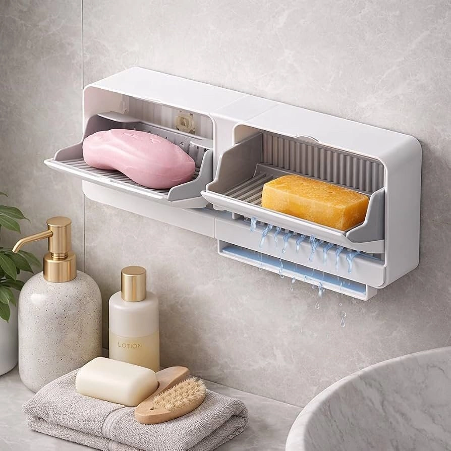 Wall Mounted Self Draining Soap Box | Plastic Soap Holder with Slide-Out Water Drainer Tray | No Drilling Self Adhesive Soap Rack for Shower, Sink & Wash Basin; Multi Colour 3