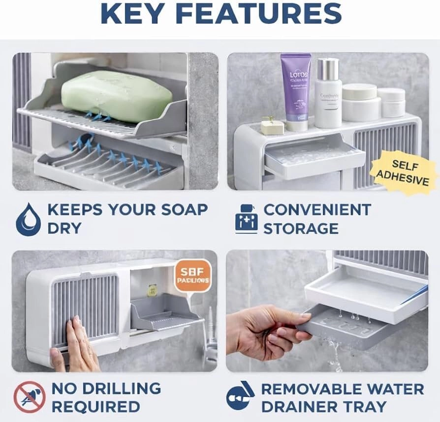 Wall Mounted Self Draining Soap Box | Plastic Soap Holder with Slide-Out Water Drainer Tray | No Drilling Self Adhesive Soap Rack for Shower, Sink & Wash Basin; Multi Colour 4